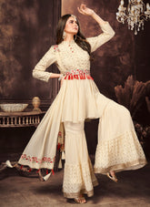Embroidered Sharara Georgette and Chinnon Suit in White Color
